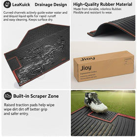 Jioy mat LeakuickTech drainage channels move water away from feet for fast cleanup.