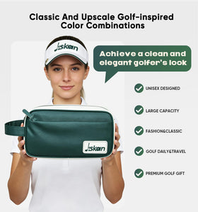 Jinkan Golf Pouch Bag features unisex design and classic white-green styling on course.