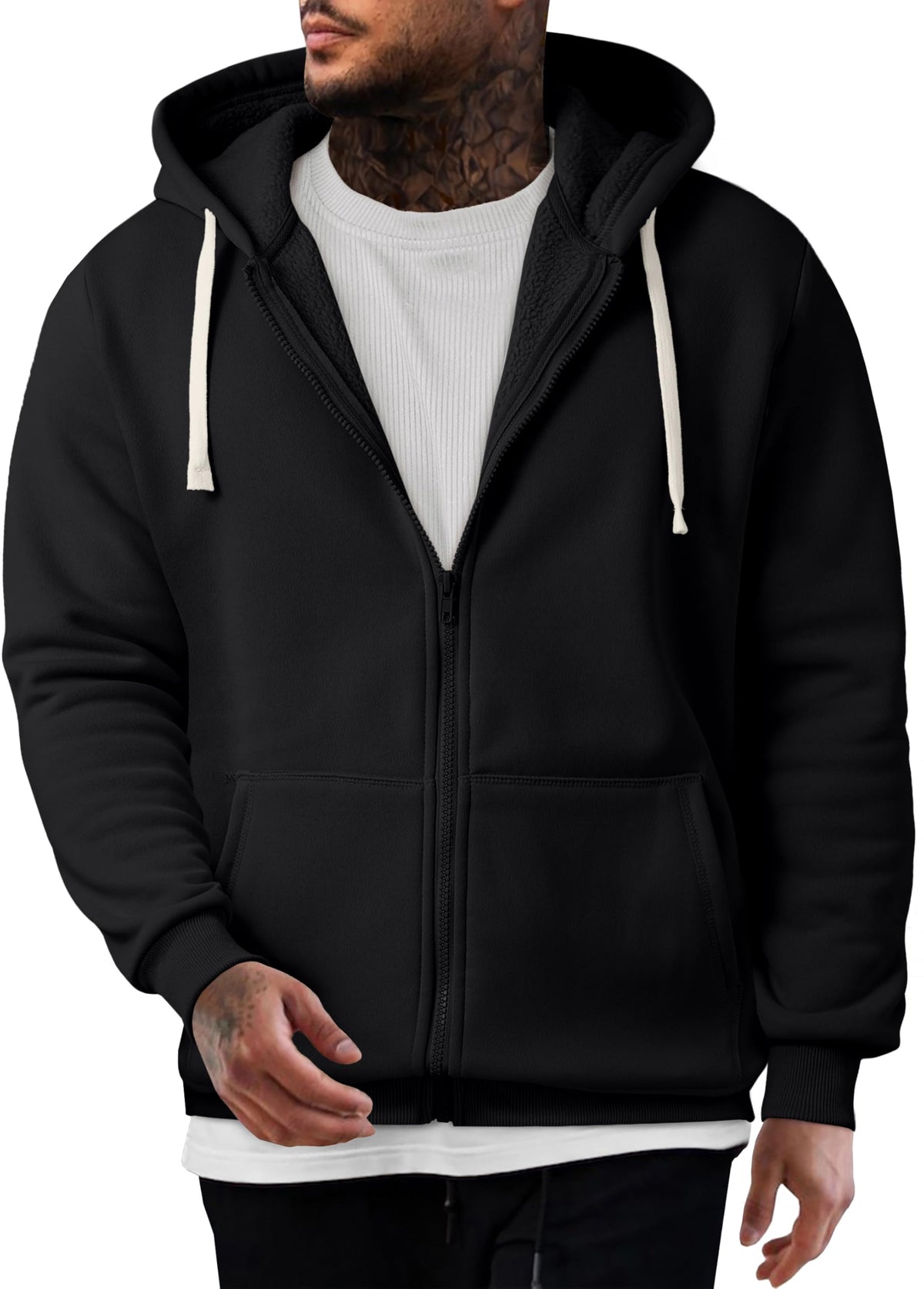 JMIERR men's full-zip fleece hoodie with front zip for easy layering.