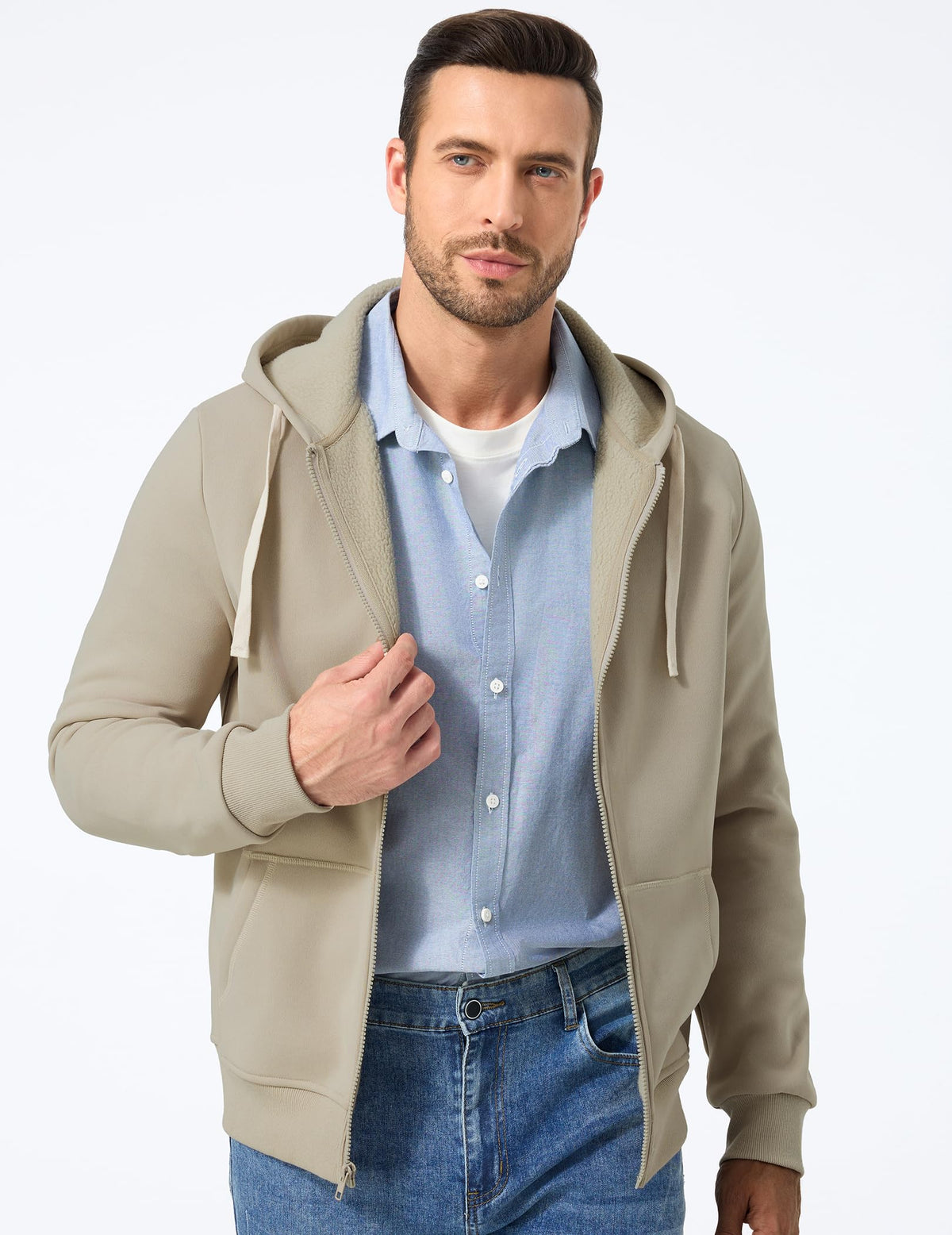 JMIERR men's hoodie full zip sleeve design for adjustable ventilation