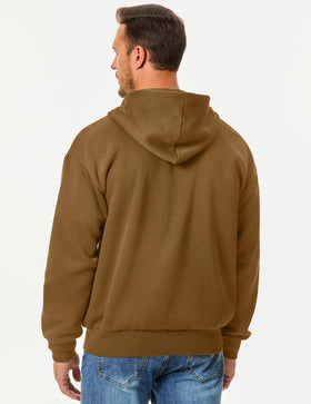 JMIERR brown zip-up hoodie back view showing relaxed fit for casual outings.