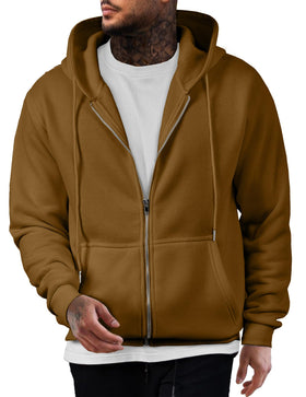 JMIERR brown zip-up hoodie front view, soft cotton fleece for everyday comfort.