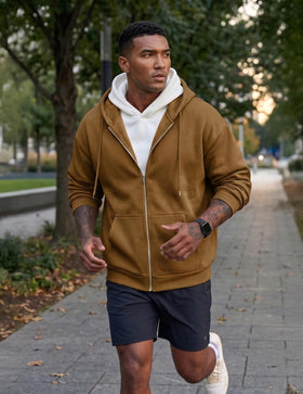 JMIERR brown zip-up hoodie hood detail with drawstring and soft lining.