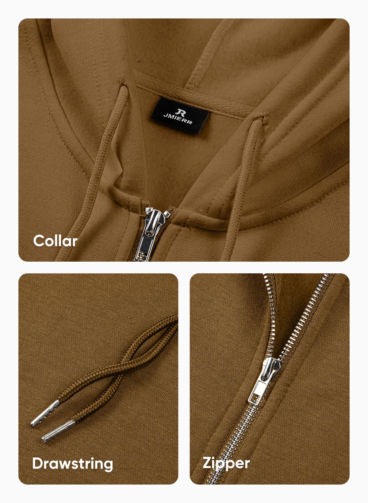 JMIERR size US40 M brown hoodie worn by model.