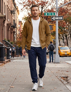 JMIERR brown zip-up hoodie sleeve detail highlights flexibility.