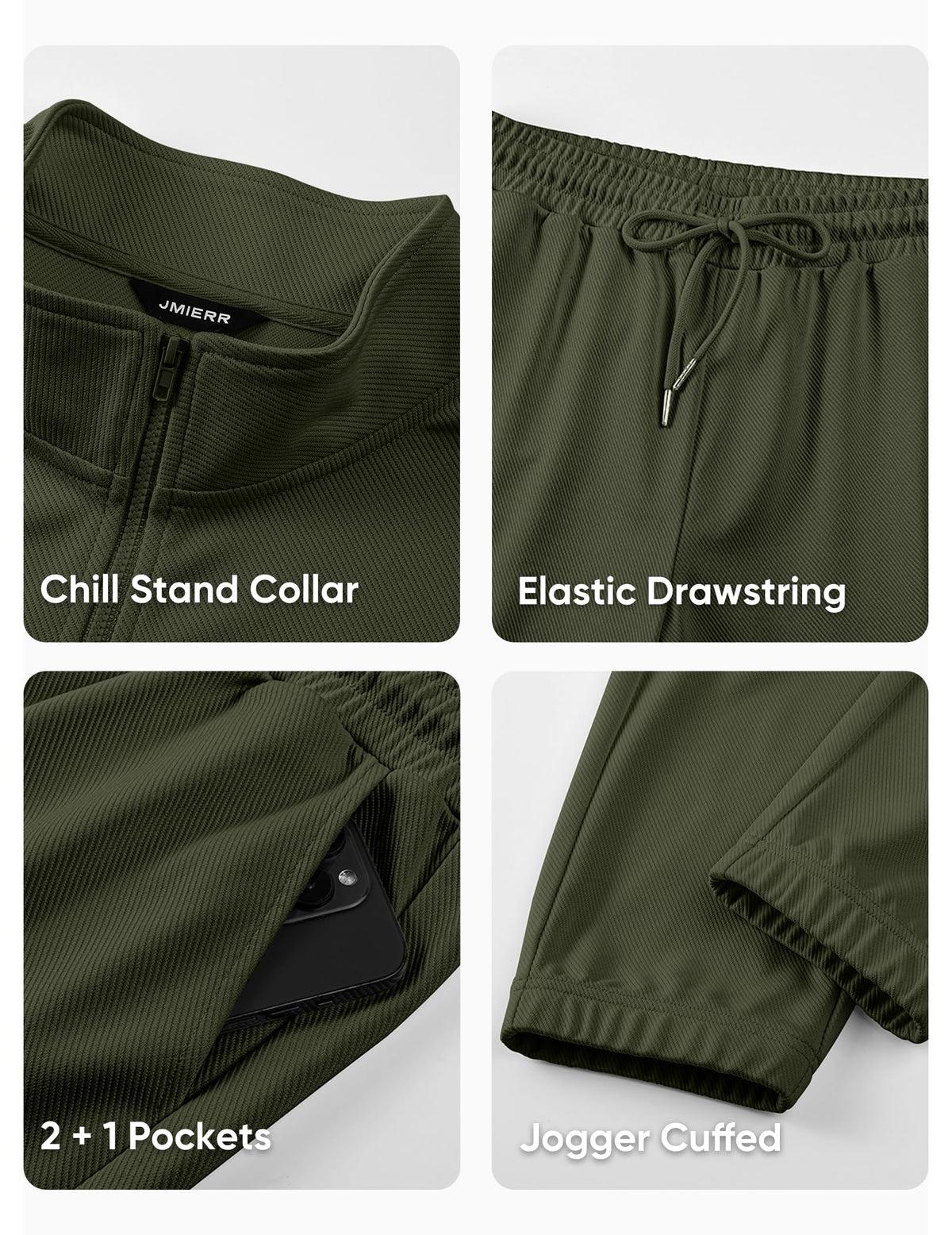 JMIERR joggers elastic waist in green, back pocket detail for storage.