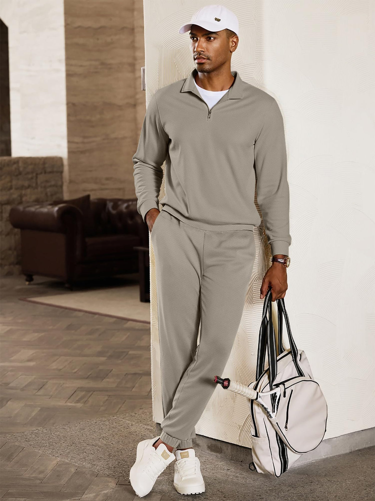 JMIERR men's twill joggers grey with elastic waist and pockets for easy lounging
