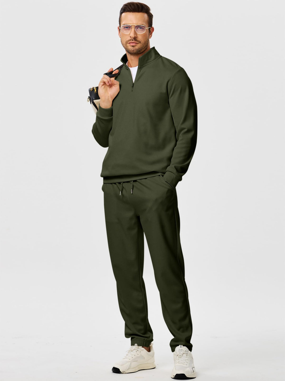 JMIERR model wearing the two-piece twill set in green, versatile outfit idea.