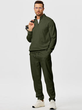 JMIERR model wearing the two-piece twill set in green, versatile outfit idea.