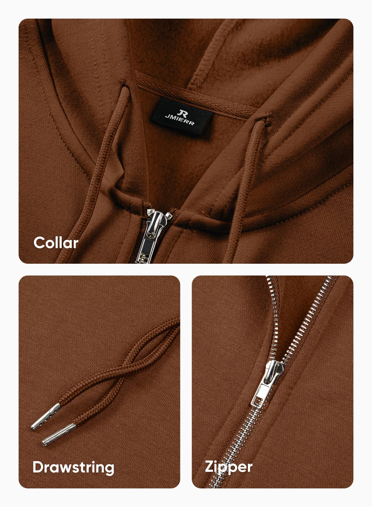 JMIERR men's cotton zip hoodie worn on model for comfortable fit.