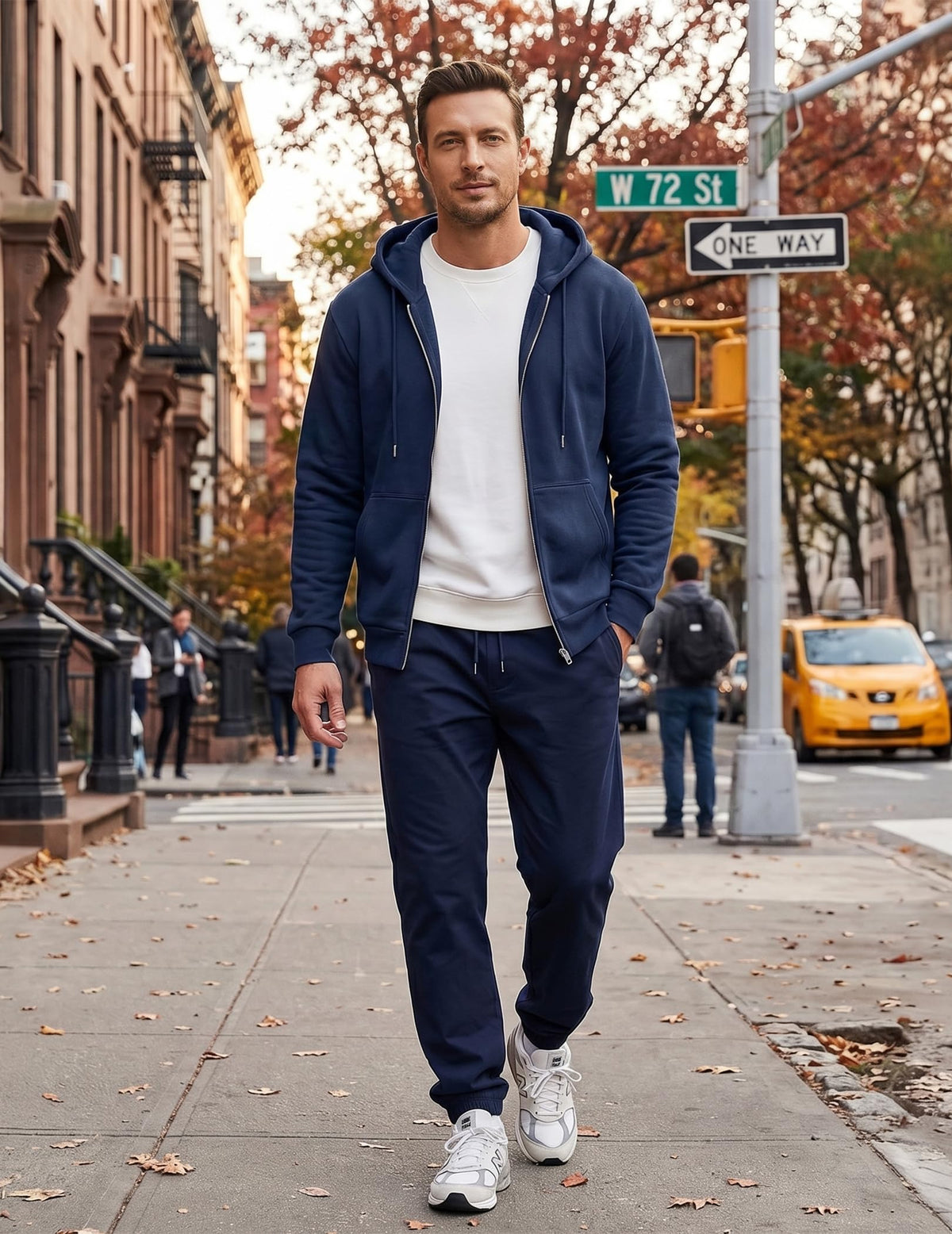 JMIERR men's zip hoodie blue hood close-up emphasizes snug fit