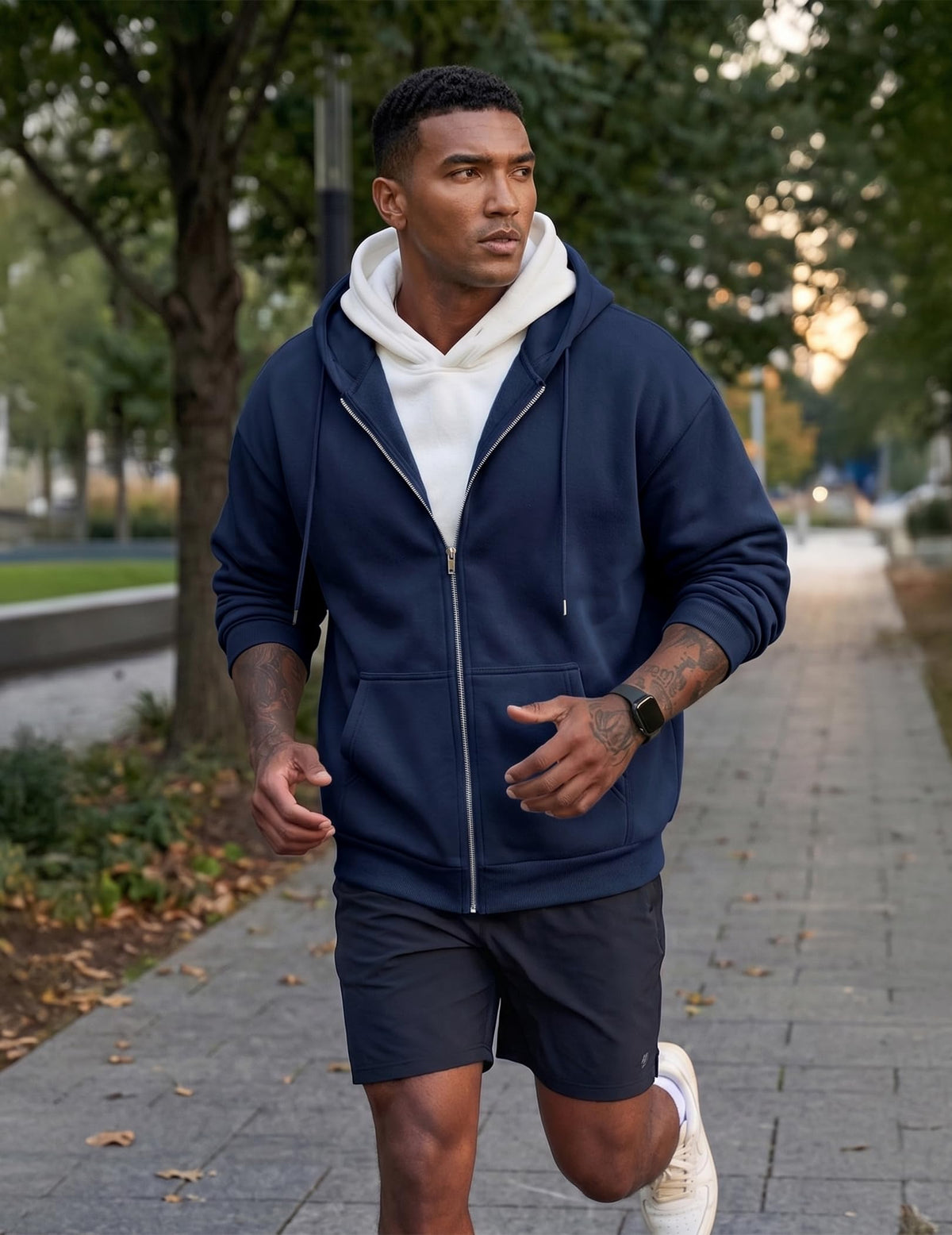 JMIERR hoodie blue zipper-closure detail shows easy on/off and clean lines