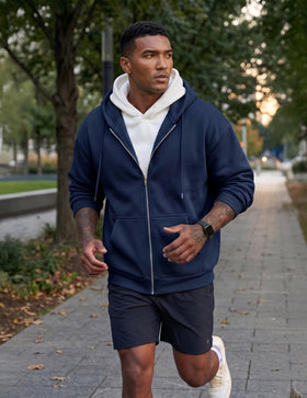 JMIERR hoodie blue zipper-closure detail shows easy on/off and clean lines