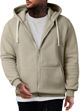 JMIERR men's beige fleece hoodie, front view showing soft fabric for daily wear.
