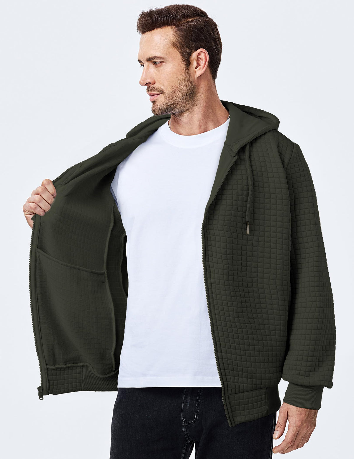 JMIERR men's jacquard plaid hoodie back view, versatile everyday essential.