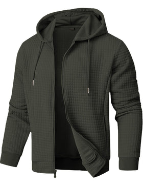 JMIERR men's jacquard plaid hoodie front view, soft fabric for daily wear.