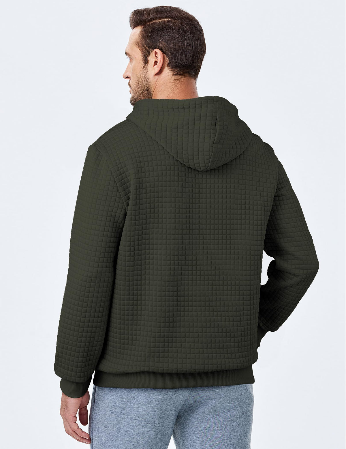 JMIERR men's jacquard plaid hoodie side pocket detail, warm fleece.