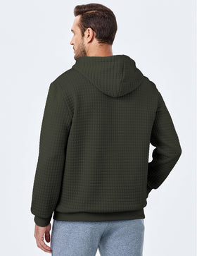 JMIERR men's jacquard plaid hoodie side pocket detail, warm fleece.