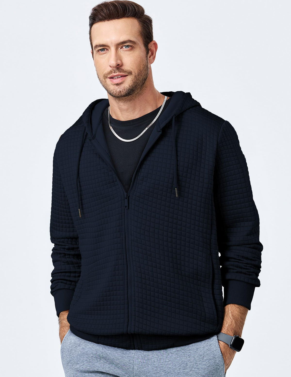 Stitched seams on JMIERR jacquard hoodie indicate durable construction.