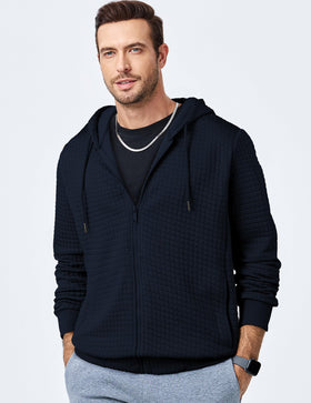 Stitched seams on JMIERR jacquard hoodie indicate durable construction.