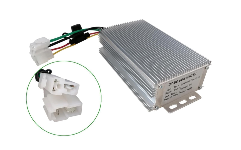 JoeeGO 48V-12V converter front view, compact rugged housing for golf carts