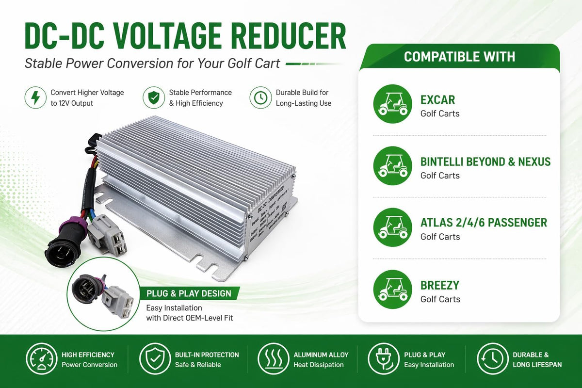 JOEEGO 48V to 12V converter installed in a golf cart with wiring.