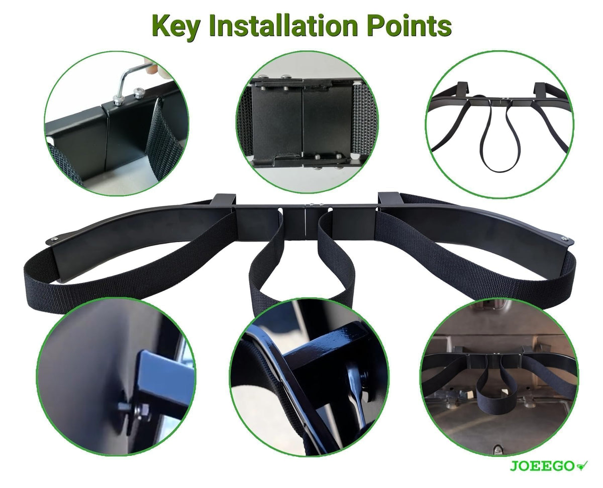Black-coated steel JOEEGO bag attachment shows durable outdoor construction.
