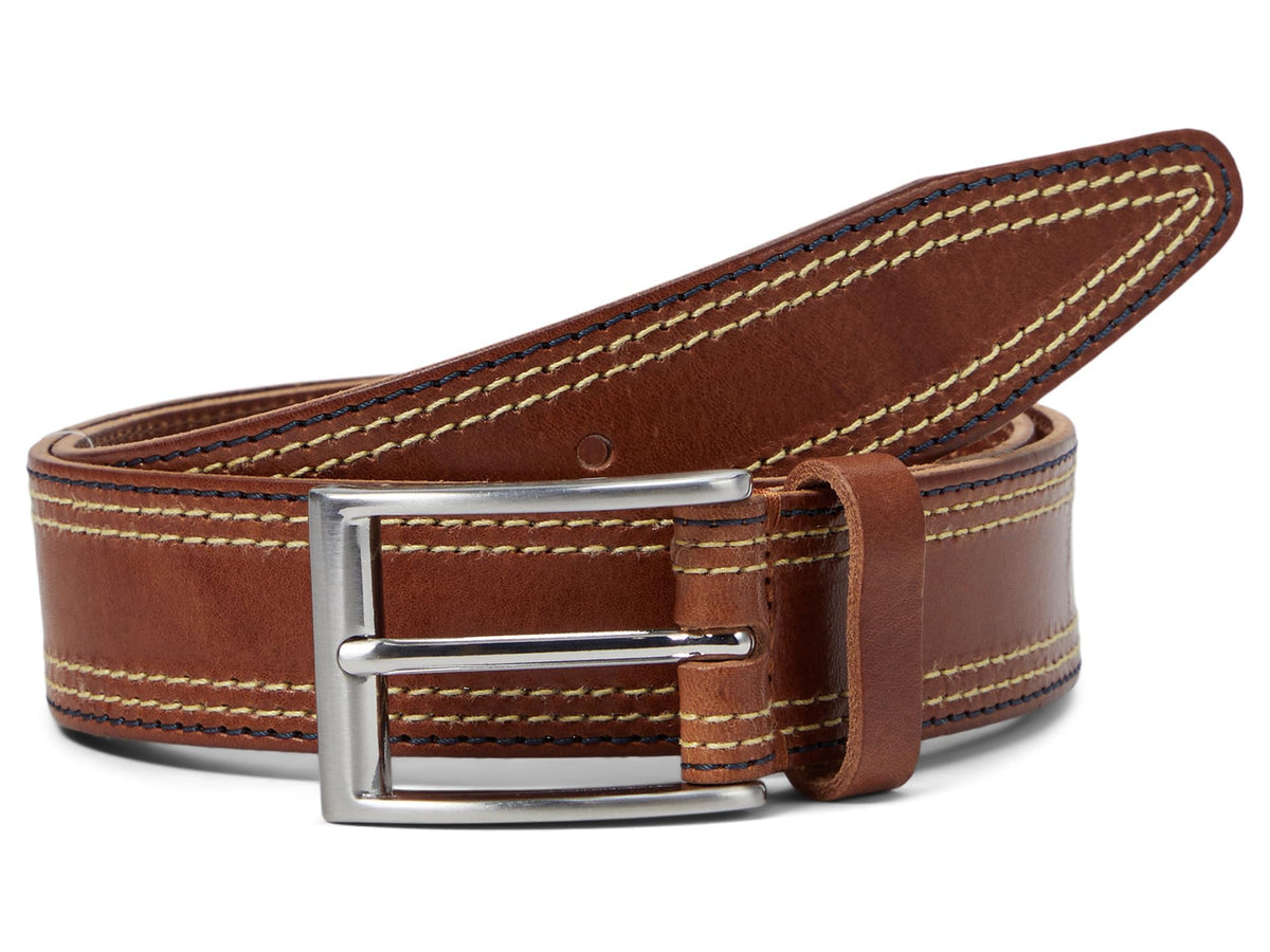 Johnston & Murphy belt in tan with triple-contrast stitching, ideal for smart-casual outfits