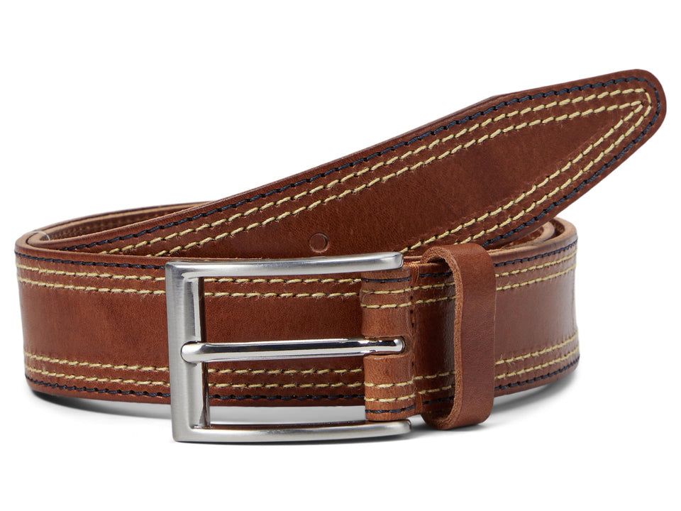 Johnston & Murphy belt in tan with triple-contrast stitching, ideal for smart-casual outfits