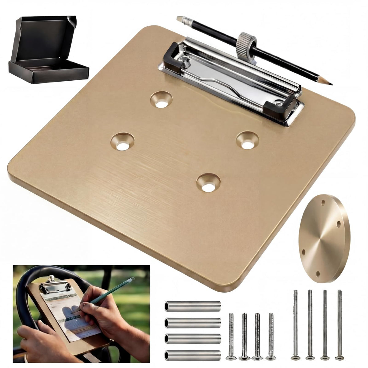 JolliLudo premium aluminum scorecard holder attached to steering wheel for stable scoring on rounds
