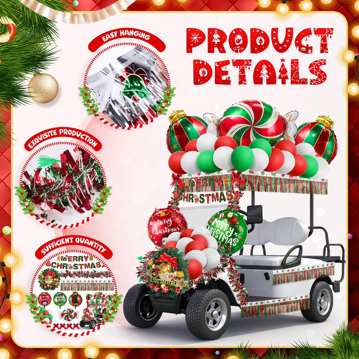 JolliLudo tinsel streamers on golf cart poles for extra sparkle