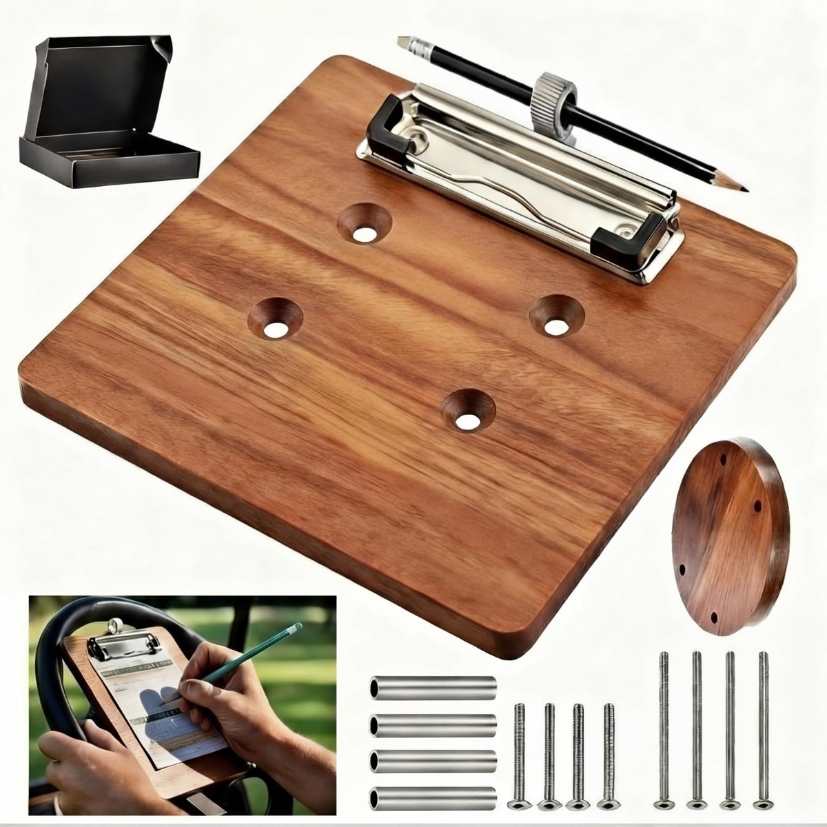 JolliLudo walnut scorecard holder front view, slim and accessible.