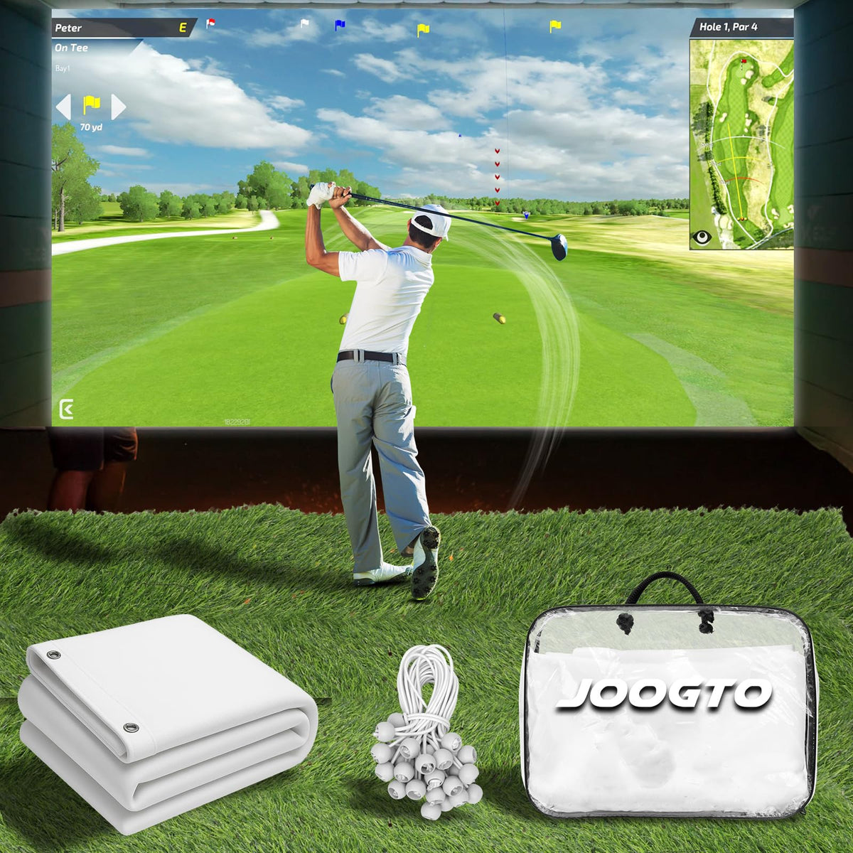 Joogto Golf Simulator Impact Screen front view with sturdy four-corner mounting for stability.