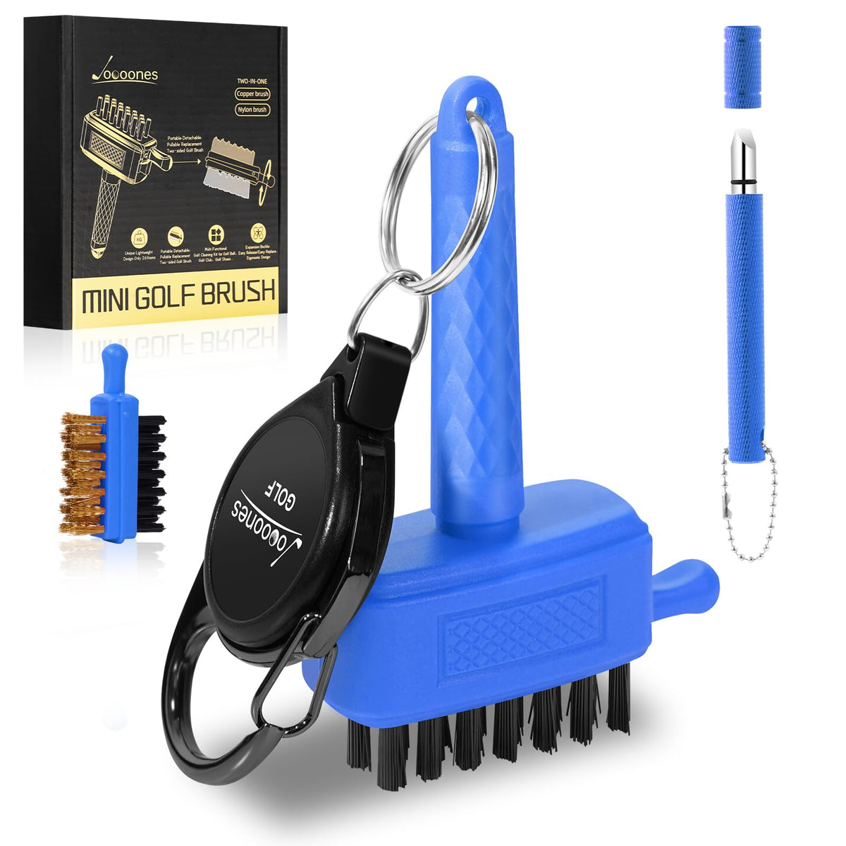 Joooones golf club mini brush in blue cleans grooves without leaving marks
