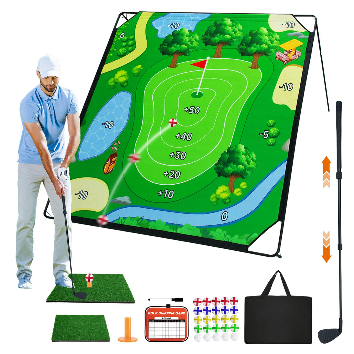 Jopavo portable golf chipping game set 70x70 mat provides realistic practice space at home