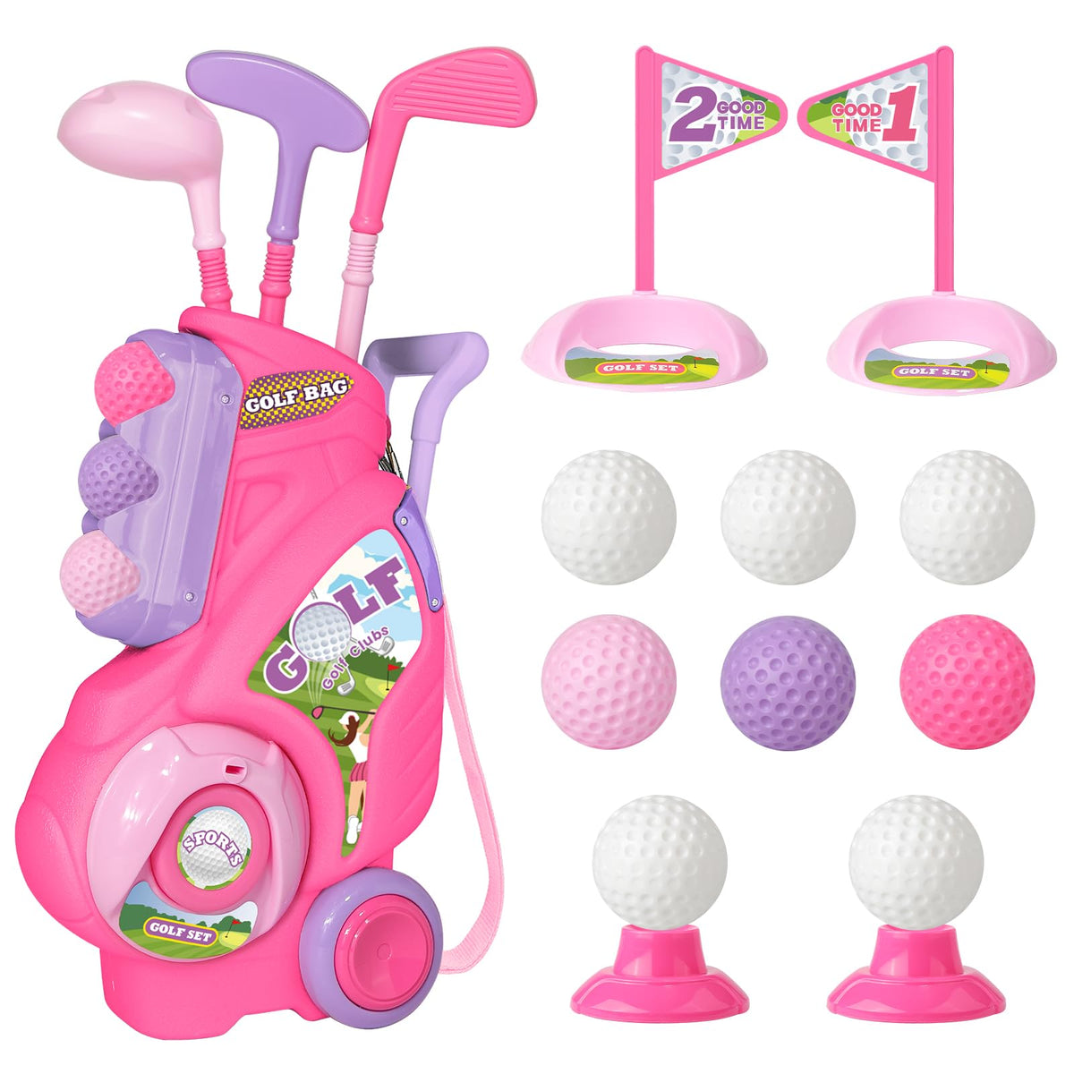 Jovizo toddler golf cart with retractable handle for easy pulling.