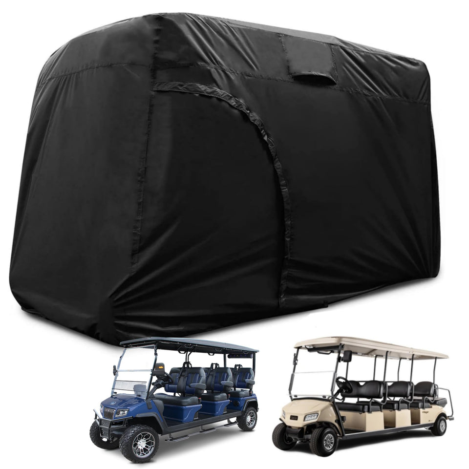 Joymo golf cart cover on a 6/8 passenger cart protecting from rain