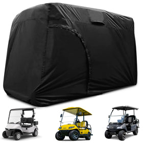 Joymo 4-passenger golf cart cover front view guards against rain and sun.
