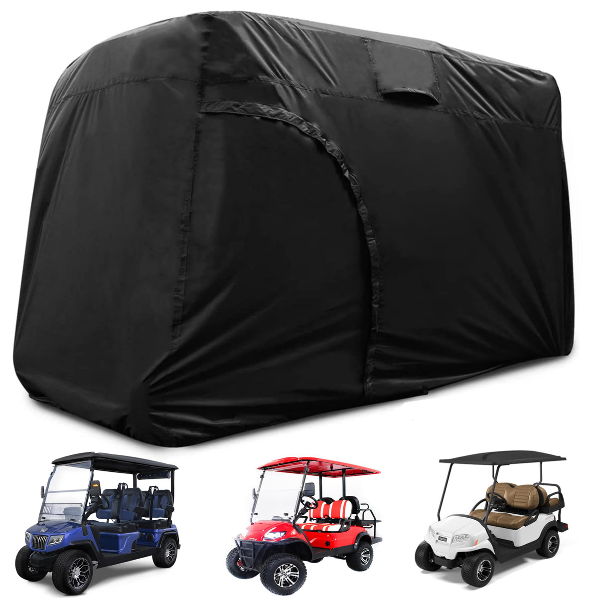 Joymo 4-passenger cover over an Onward lifted cart protects against rain and dust.