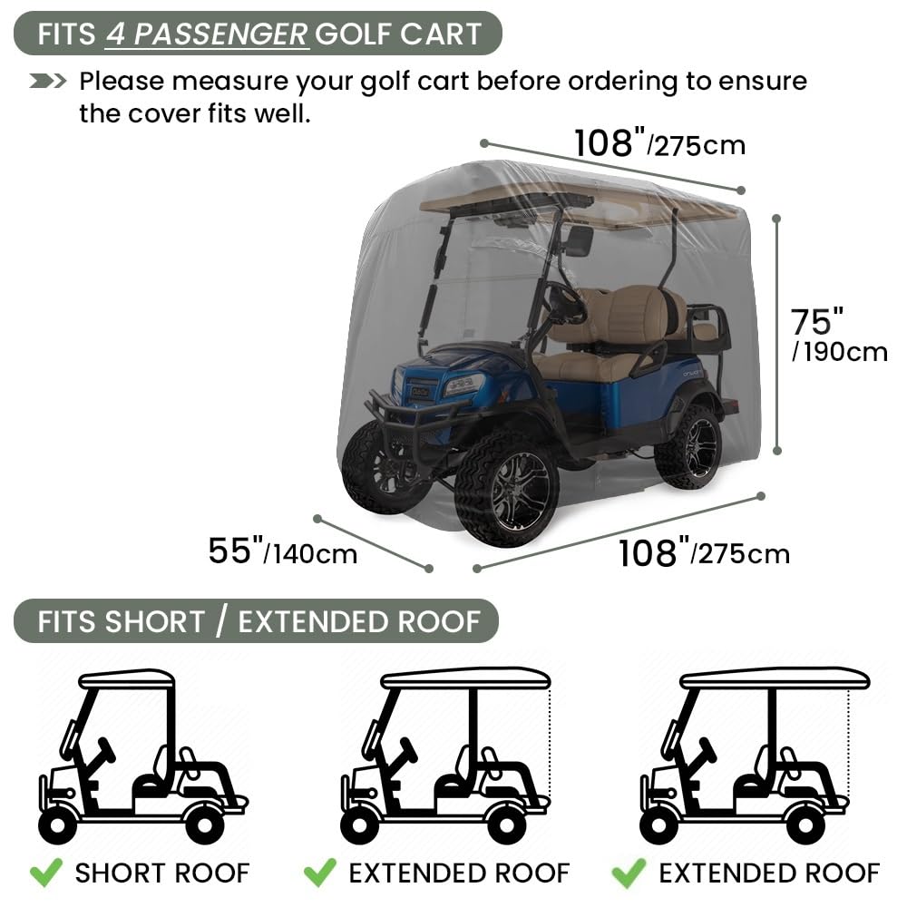 Joymo golf cart cover side view shows durable fabric and windproof design.