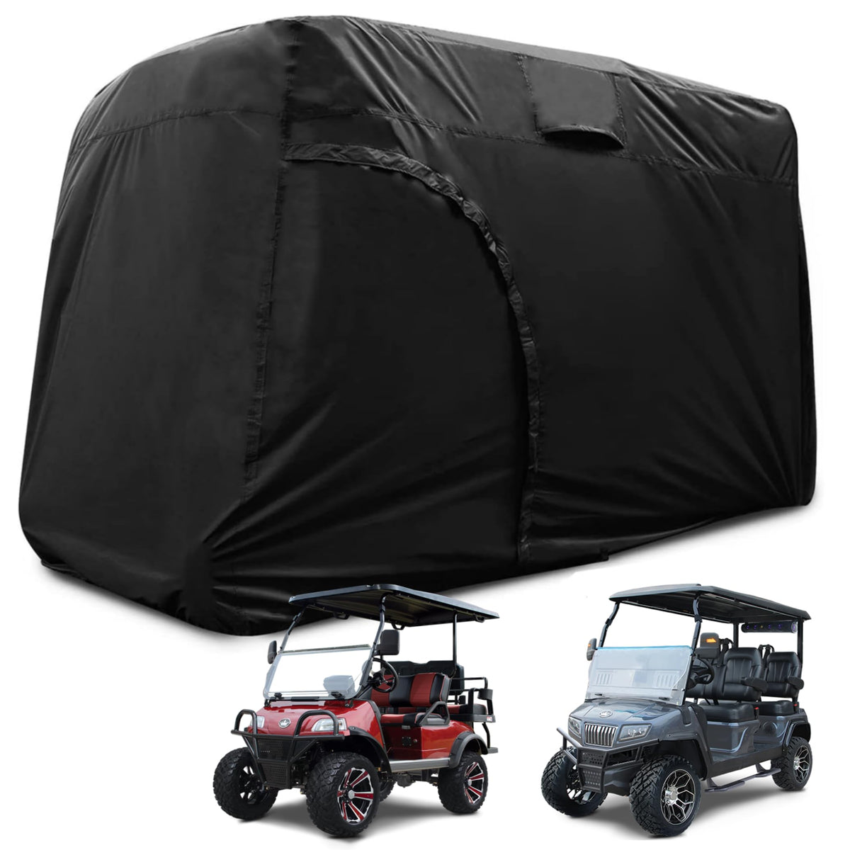 Joymo 6-passenger golf cart cover front view protects against rain and dust.