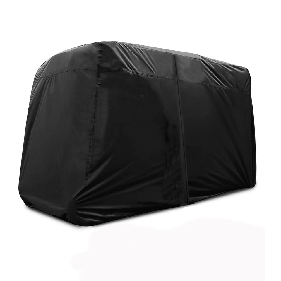Joymo golf cart cover front view showing full cart protection for 2-8 passenger models