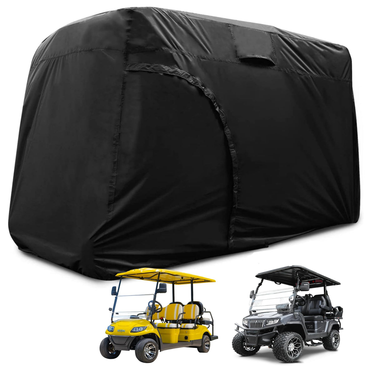 Joymo golf cart cover front view; snug, weatherproof protection for 4-6 seat carts.