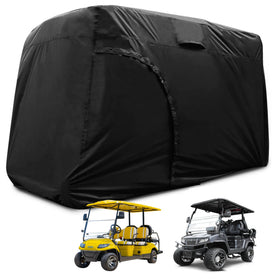 Joymo golf cart cover front view; snug, weatherproof protection for 4-6 seat carts.