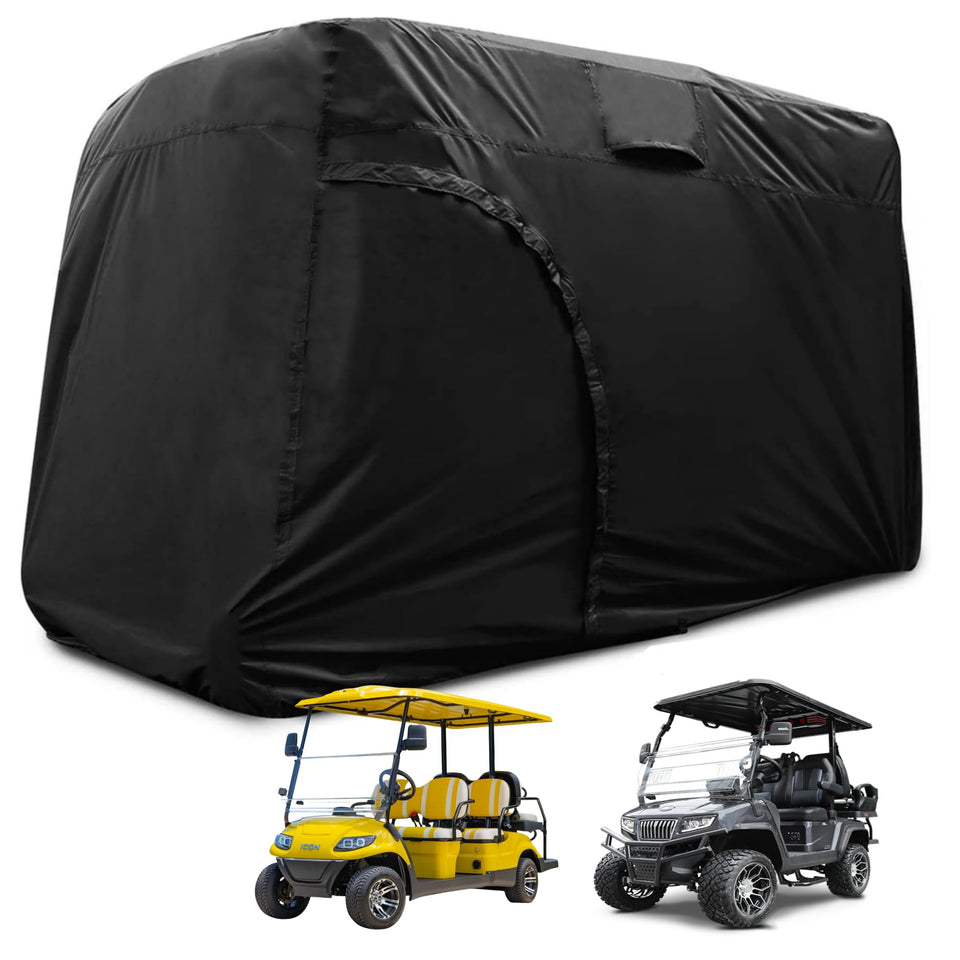 Joymo golf cart cover front view; snug, weatherproof protection for 4-6 seat carts.
