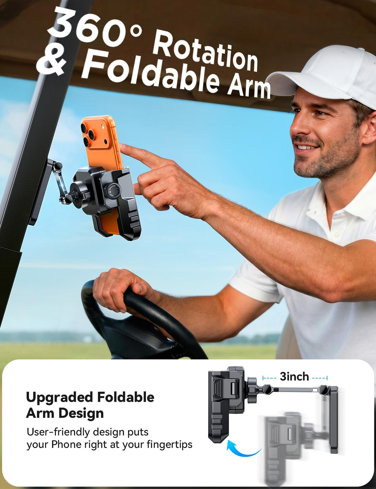 JOYROOM Upgraded Double-Fold Golf Cart Phone Holder features 360-degree rotation for versatile viewing on the cart.