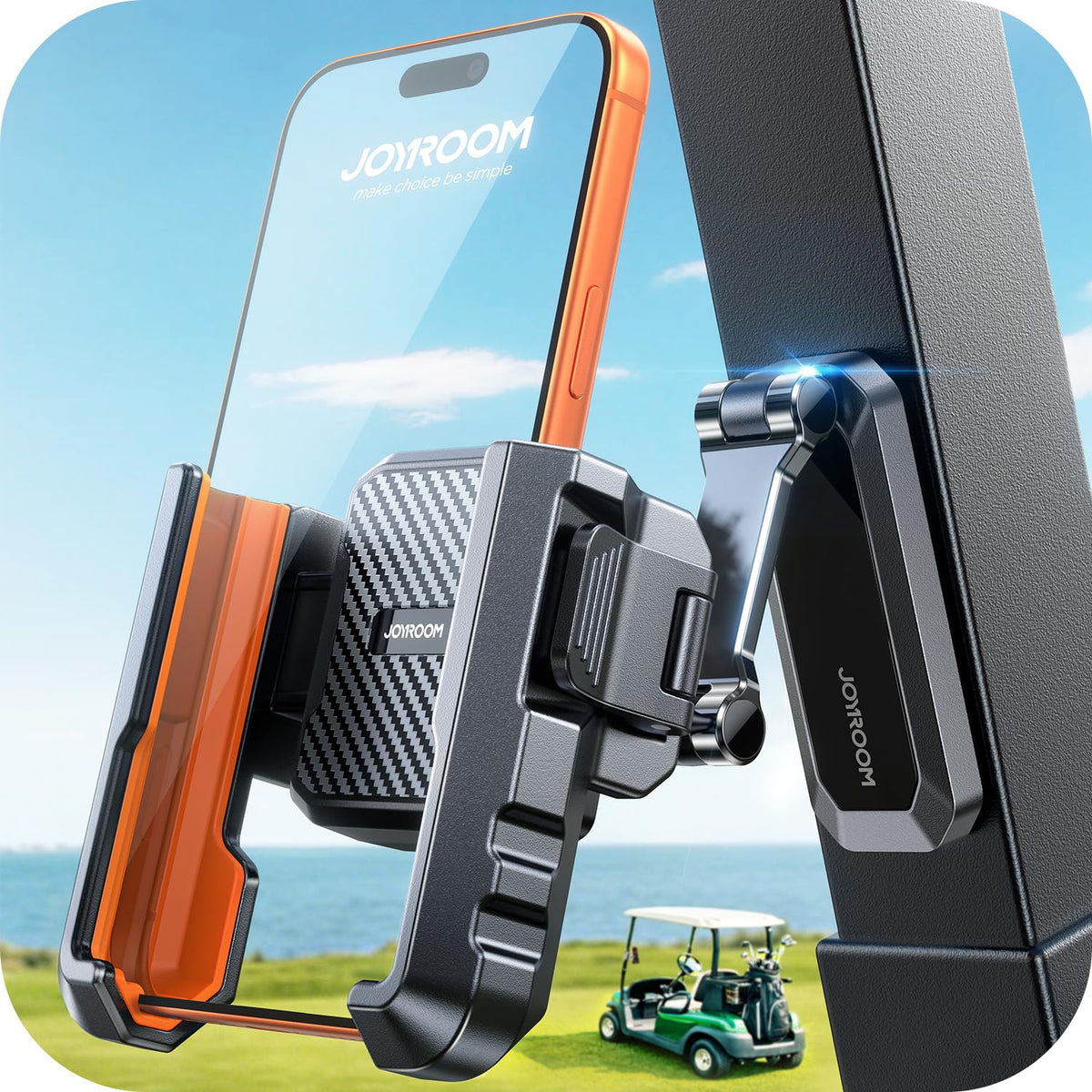 JOYROOM Upgraded Double-Fold Golf Cart Phone Holder with quick memory latch for fast one-hand setup.