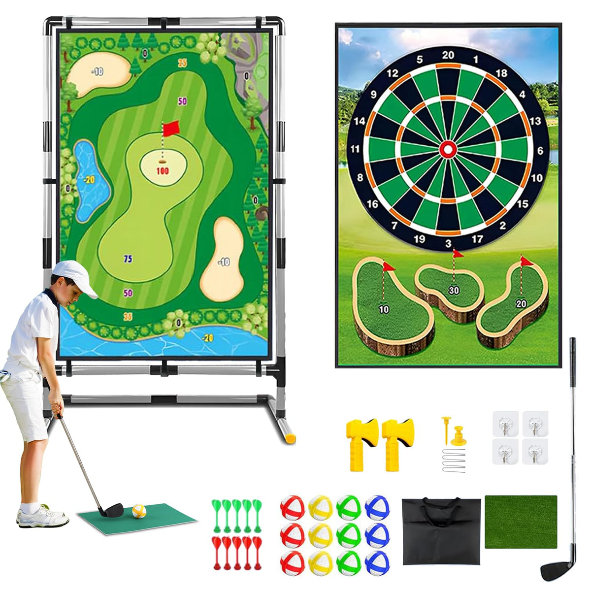 Joysweetoy Battle Golf stand and target setup for backyard practice.