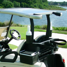Joyzan sand bottle in-use on cart for efficient divot filling.