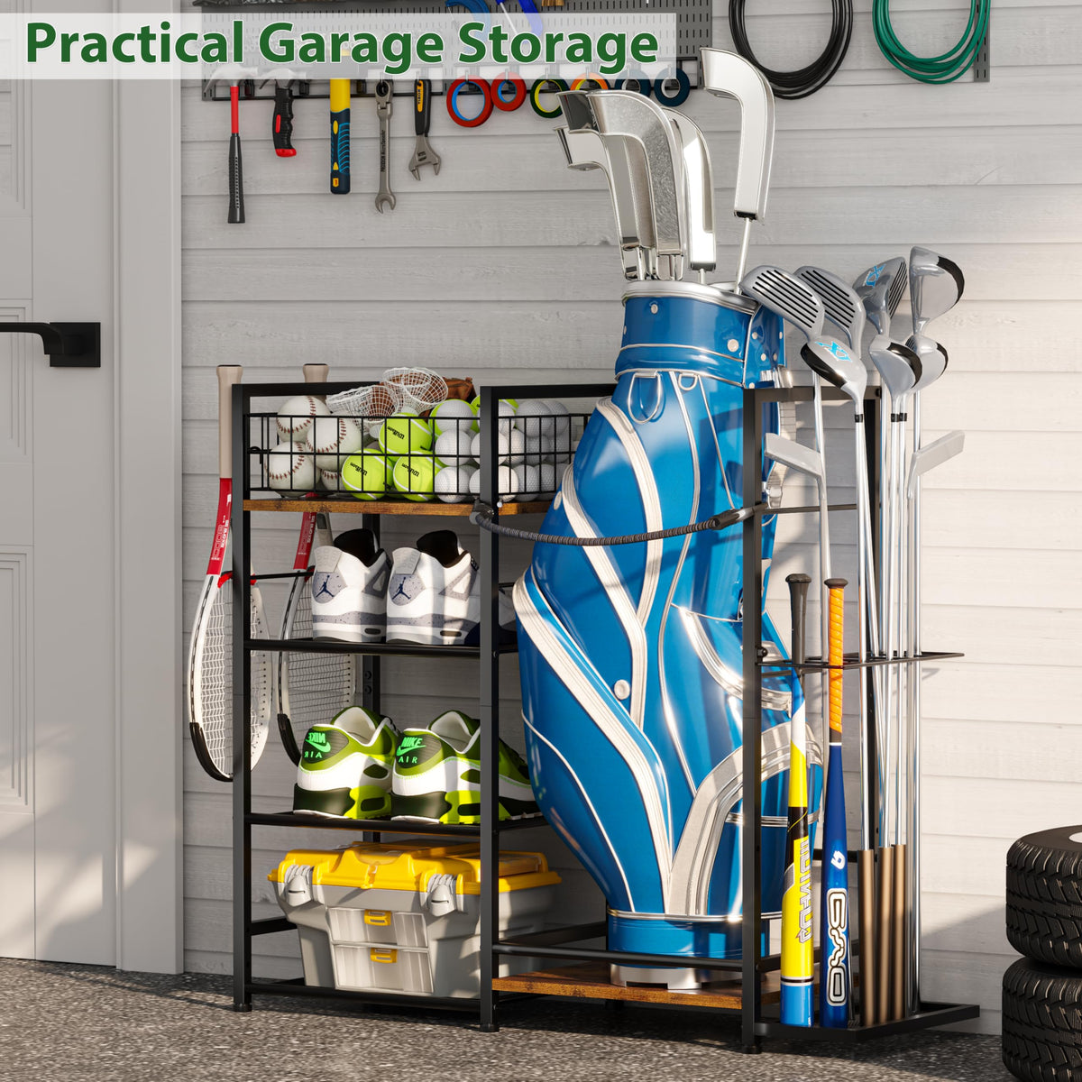 Large wire basket keeps golf balls organized and within reach.
